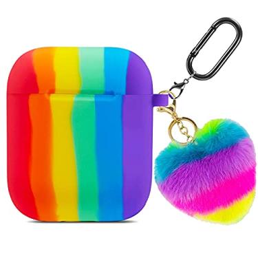 Imagem de Linda capa de AirPods para mulheres, capa de Airpod de silicone macio arco-íris 1/2 capa protetora para iPod com chaveiro de bola de pele colorida para meninas