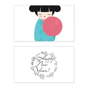 Imagem de Quimono azul Sakura Japão Boneca Ano Novo Festival Cartão Bless Mensagem Presente