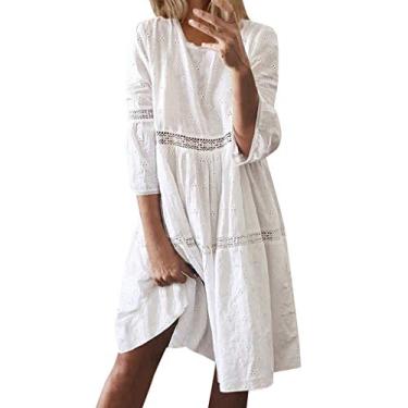 Imagem de UIFLQXX Vestidos de verão para mulheres 2023 Boho vestidos de gola lisa vestidos vazados manga 3/4 vestidos longos femininos, Branco, P