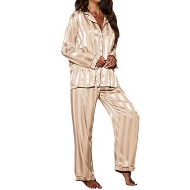 Imagem de ZHONKUI Pijama feminino de cetim, conjunto de pijama de manga comprida, Bege, GG