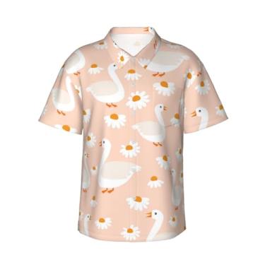 Imagem de Xiso Ver Camisa havaiana masculina manga curta casual camisa de praia casual de botão para festa de verão na praia, Gansos e flores, XXG