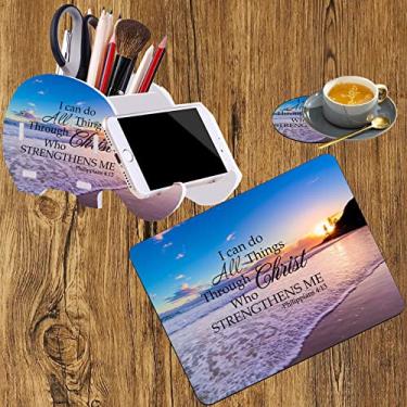 Imagem de Conjunto de acessórios de mesa 3 em 1 com suporte de telefone + mouse pad antiderrapante + porta-copos fofo, suporte multifuncional para caneta móvel, caixa de armazenamento de mesa, versículo bíblico