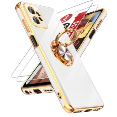 Imagem de LeYi Capa para celular Moto G Power 5G 2023: com protetor de tela de vidro temperado [2 unidades] Suporte magnético giratório de 360°, suporte magnético com borda de ouro rosa, capa para Motorola G