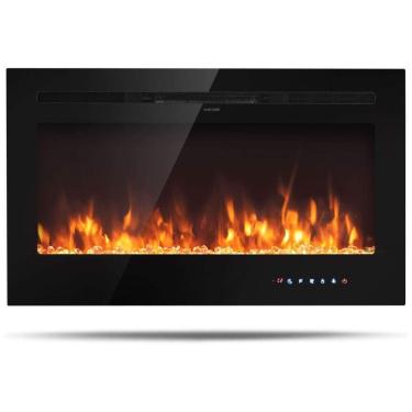 Imagem de Lareira Elétrica de Embutir A54x91L cm com 9 Cores de Chamas, Controle de Temperatura, Temporizador e Controle Digital, 110V 1500W, Tangkula, Preta	 