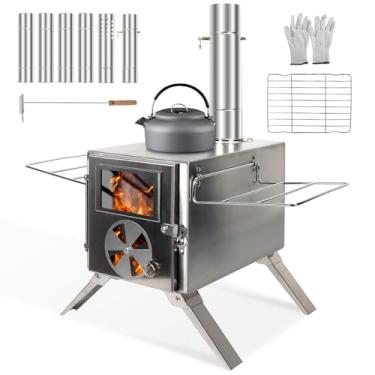 Imagem de LAMA Fogão de barraca quente de aço inoxidável – Fogão a lenha com 6 canos de chaminé para barracas, acampamento, pesca e caça - aquecimento e cozimento ao ar livre portátil, prata
