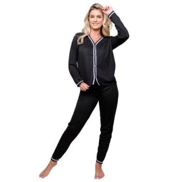 Imagem de Pijama Feminino Modelo Americano Manga Comprida Liso Diones, Preto, GG