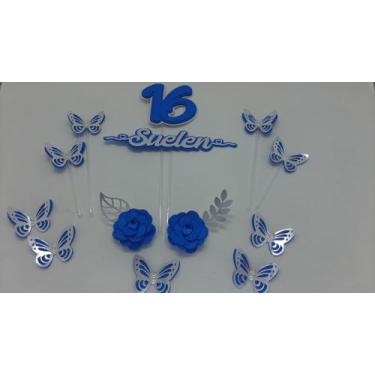 Imagem de Topo de Bolo Borboletas Butterflies Flores em Azul com Prata personali