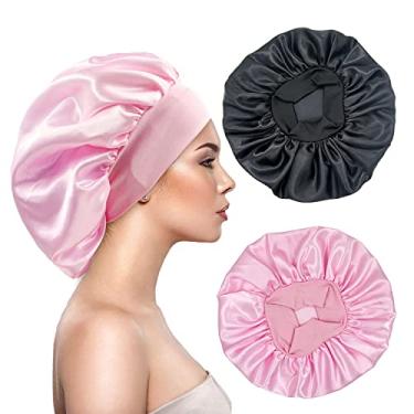Imagem de AUHKARUS 2 Unidades de Gorro Grande de Cabelo de Seda de Cetim para Dormir, Gorros de Faixa Larga Elástica para Tranças de Mulheres Negras, Toucas de Seda para Dormir Noturno para Mulheres Cabelos Cacheados e Naturais (Preto, Rosa)