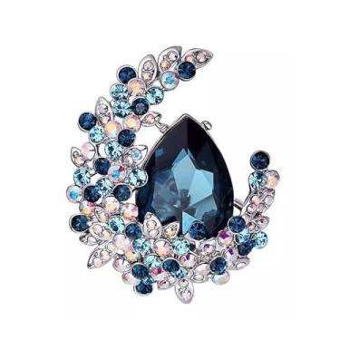Imagem de Broche de lapela de cristal de lua com strass para mulheres vintage azul roxo gota zircônia cúbica brilhante CZ flor crescente broche broche moda joias para festa banquete vestido terno cerimônia