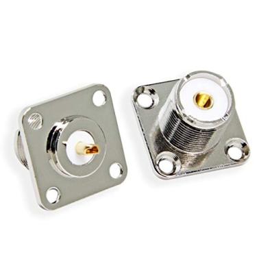 Imagem de PL259 Montagem em painel, pacote com 2, conector fêmea UHF, 4 furos, montagem em chassi, flange, copo de solda, conector coaxial para antena de rádio amador