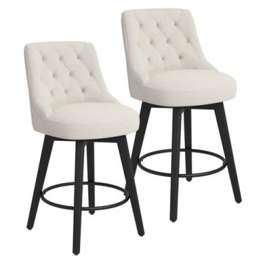 Imagem de AMICLIBER Banquetas giratórias com altura para balcão, conjunto de 5,8 cm com encosto e assento redondo, banquetas estofadas de tecido de linho com pernas de madeira para ilha de cozinha, sala de