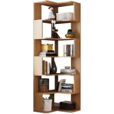 Imagem de Prateleira de canto, suporte de canto, suporte de canto de 6 camadas, estante de canto de madeira, estante de canto para exibição de canto para sala de estar, prateleiras de canto (cor: madeira