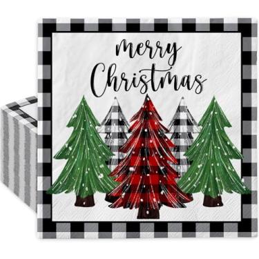Imagem de AnyDesign Pacote com 80 guardanapos de papel de Natal xadrez búfalo árvore de Natal casa de fazenda toalha de mão descartável guardanapos de jantar para férias de inverno, suprimentos de festa de