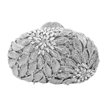 Imagem de GSYPS Bolsa de mão de luxo com strass de cristal vazada com flores 3D, bolsa de formatura e casamento, Prata