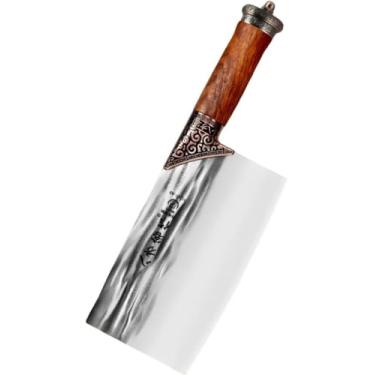 Imagem de Cutelo Artesanal Forjado à Mão, Faca para Churrasco, Vegetais, Lâmina de Aço Inoxidável, Cabo de Madeira com Detalhes, Afiada para Carnes