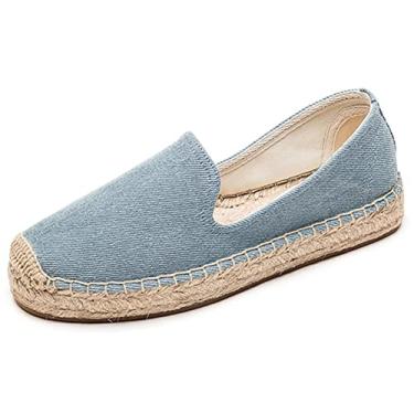Imagem de U-lite Mocassim feminino clássico sem cadarço casual plataforma bico bico simples alpargata lona, Jeans leve (tamanho pequeno, tamanho acima), 40