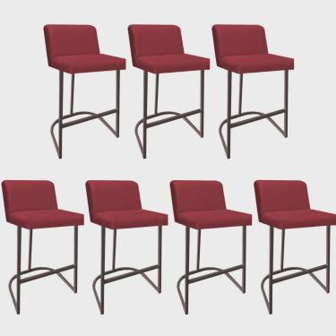 Imagem de Kit 07 Banquetas Com Encosto Noah Luxo Confort Bistrô Cozinha Ferro Marrom Suede Vermelho - Ahz Móveis
