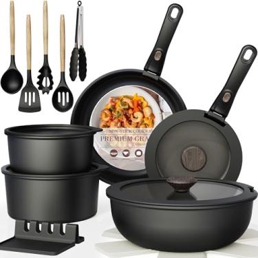 Imagem de Astercook Conjunto De 21 Panelas E Frigideiras Antiaderentes, Utensílios Cerâmica Com Alça Removível, Alças Removíveis Para Cozinha Trailer, Próprio Forno, Pronto Indução, Antiaderente Empilhável, P