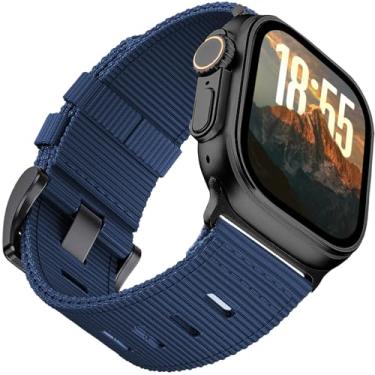 Imagem de Pulseiras de nylon táticas resistentes compatíveis com Apple Watch Ultra 2/1 de 49 mm para iWatch 10 de 46 mm, 9 8 7 de 45 mm, SE 6, 5, 4 e 44 mm, azul marinho/prata