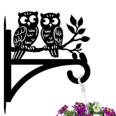 Imagem de peacoblue Ganchos para plantas de ferro para pendurar ao ar livre, vasos de samambaias, lanterna, alimentador de pássaros, sinos de vento, coruja de 30,5 x 35,5 cm, suporte de parede de metal