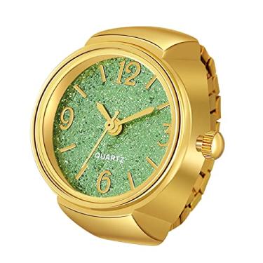 Imagem de JewelryWe Relógio de dedo masculino feminino banhado a ouro e prata anel elástico com mostrador redondo de glitter relógio de quartzo, para o dia dos namorados, Dourado, verde
