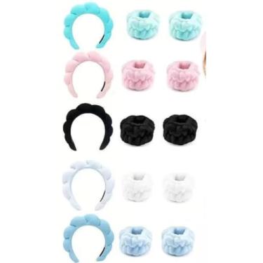 Imagem de Tiara de Pelúcia com Pulseiras, Kit de Faixa de Cabelo para Maquiagem e Lavar Rosto, Design Nuvem. Não é possível escolher a cor enviaremos a que estiver em estoque.