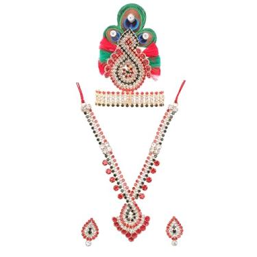 Imagem de Conjunto decorativo Mala Mukut com brincos para Laddu Gopal/Devi Maa/Radha Krishna/Deusa Deusa indiana Haar Sringar Deidades Indianas para Janmashtami All God Idol Statue(Tamanho 10 cm) (Multicolorido
