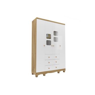 Imagem de Guarda Roupa Infantil c/ 4 Portas (2 Cristal) e 3 Gavetas Uli Branco/Amendoa - Peroba