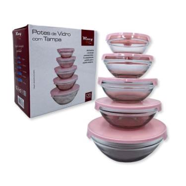 Imagem de Conjunto de Potes de Vidro Herméticos com Tampa, 5 Peças, Rosa, 140ml a 870ml