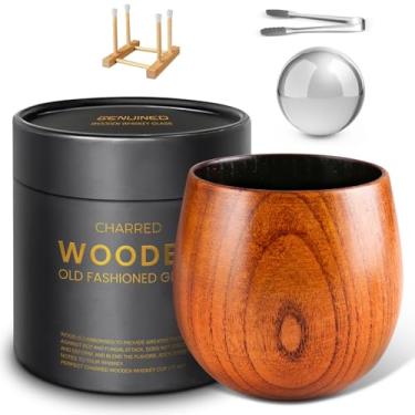 Imagem de Copos de uísque de madeira ampliados, copo de bourbon carbonizado à moda antiga, presentes de uísque Bourbon para homens, pai, marido ou irmão, presentes de aniversário de aniversário, copo de madeira