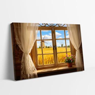 Imagem de KAWAHONE Arte de parede impressa em tela com vista de janela de fazenda, decoração de parede de outono, primavera, outono, amarelo, trigo, colheita, natureza, paisagem, arte de parede para sala de