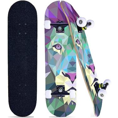 Imagem de Skates para iniciantes, crianças, meninos, meninas e adultos, 78,7 cm x 20,3 cm, skate profissional completo, 8 camadas de madeira de ácer, duplo chute côncavo, fascinante, sólido e durável (leão)