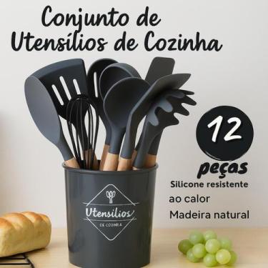 Imagem de Conjunto Talheres 12 Peças Silicone Cabo Madeira Chegando Hoje Preto -