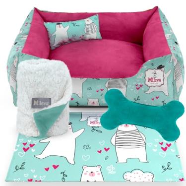 Imagem de Cama Pet Camurça + Coberdrom + Brinquedo Ossinho + Tapetinho Estampado 05 Peças - Ursos – Premium 2 (60x60 cm, Ursinho Carinho)
