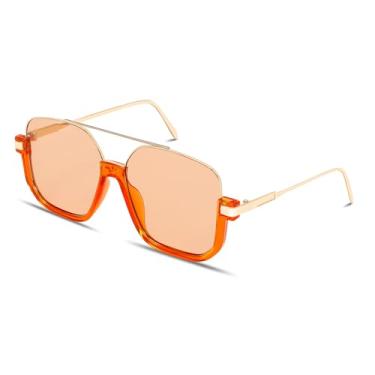 Imagem de GUVIVI Óculos de sol aviador retrô grandes para mulheres e homens, óculos de sol piloto quadrado ponte dupla anos 70 óculos de sol modernos, Armação laranja dourada - Lente marrom claro, oversize