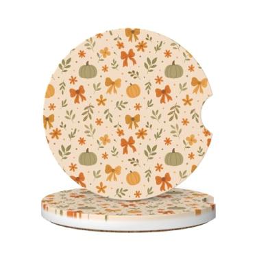 Imagem de Neukim Pacote com 2 porta-copos de carro de folha floral de abóbora de outono, 6 cm, laço fofo, laranja, antiderrapante, porta-copos absorvente de cerâmica com base de cortiça e entalhe de dedo