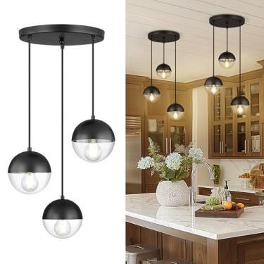 Imagem de LMS Luzes pendentes de cluster de 3 luzes modernas, luminárias de ilha de cozinha preto fosco com sombra de vidro globo transparente, luz de suspensão ajustável para banheiro, quarto, sala de jantar