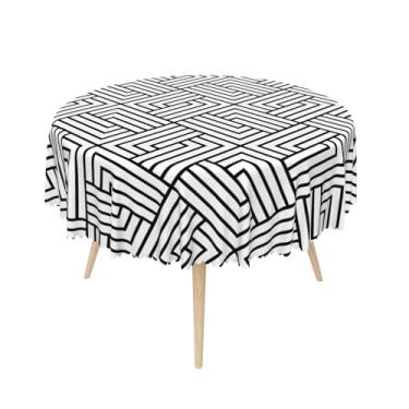 Imagem de SIEDYCV Toalha de mesa redonda listrada preta de 152 cm, linha geométrica, abstrata, preta e branca, de poliéster, lavável e antirrugas, capa de mesa para cozinha, jantar, piquenique, decoração