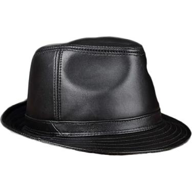 Imagem de Chapéus De Inverno Homens Couro Jazz Cap Pama Aba Curta Fedoras Chapéu Cavalheiro, Black, 7.125