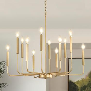 Imagem de ONESMING Lustre dourado moderno para sala de jantar, luminárias de cozinha de metal com 12 luzes, luminária pendente pendurada em vela de fazenda para sala de estar, entrada, hall de entrada, quarto