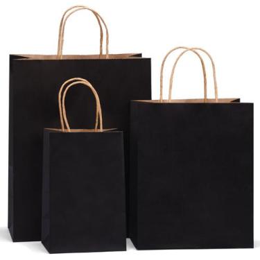 Imagem de Sacos de papel OUTUXED com alças, 100 unidades pretas, 3 tamanhos