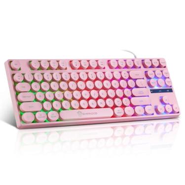 Imagem de Teclado punk retrô com fio para jogos com retroiluminação arco-íris, teclado fofo de 87 teclas, teclado com fio USB, teclas redondas para laptop, PS4, Xbox, jogos de PC e trabalho - rosa