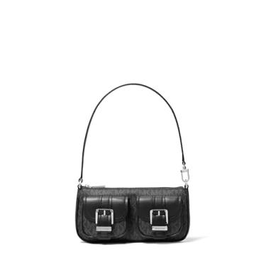 Imagem de Michael Kors Zoe pequena bolsa conversível, ferragens prateadas/sarja revestida com assinatura Tonal MK/preta