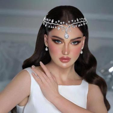 Imagem de Capacete de casamento WONRLUA Rhinestone Forehead Headband Bride