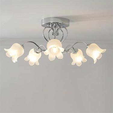 Imagem de KSSTEVNBD Luz de teto de flor de vidro de leite cromado, 6 luzes, meados do século, moderna sala de estar, luminária de teto Sputnik, floral, grande, para quarto, sala de jantar, cozinha, banheiro (80