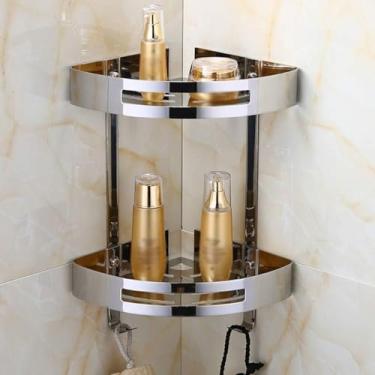 Imagem de Prateleira De Canto Prateleiras De Chuveiro De Banheiro Cesta De Canto Rack De 2 Camadas Prateleira De Aço Inoxidável Cromada Organizador De Chuveiro Montado Na Parede