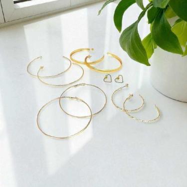 Imagem de Brincos Argolas Femininas Douradas Kit 5 Pares Folheados Modelos Varia