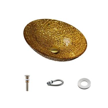 Imagem de Lavatório de pia de vaso pia pia de banheiro lavatório de vidro temperado galvanizado lavatório de casa oval de vidro dourado bacia de lavagem pia de banheiro tigela pequena de cerâmica (cor: cinza