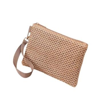 Imagem de Bolsa clutch de palha para mulheres, bolsa de mão de palha boêmia pequena bolsa de praia de verão carteira de pulso com zíper bolsa pequena carteira, Café