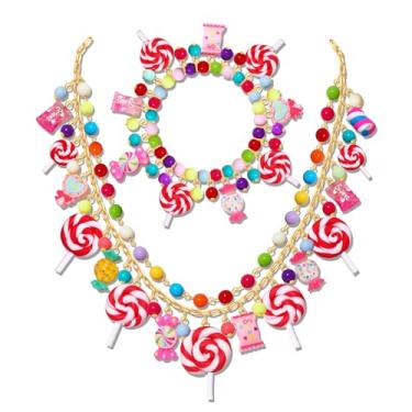 Imagem de HSWE Conjunto de pulseiras de colar em camadas de pirulito de doces para mulheres novidade engraçada colorido cristal brilhante pirulito doce bolo pingente gargantilha colar amizade pulseira conjunto